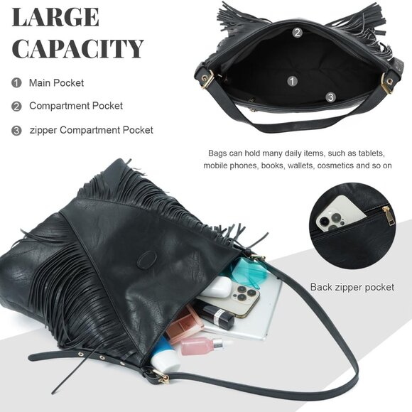 Vintage Fringe Shoulder Bag Women Pu Leather Crossbody Hobo Purse Large - Picture 4 of 6